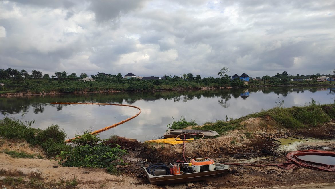 The Okulu River-deserted- is still covered by oil Sheens